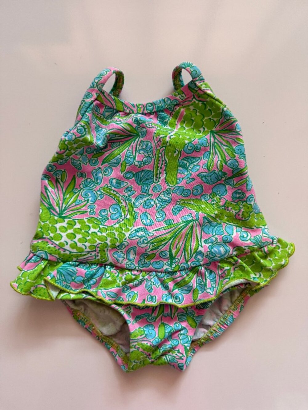 LILLY PULITZER Baby Girls Chomp Chomp Alligator Pink Green Ruffle Swimsuit 3-6M